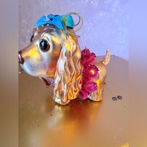 Hand Blown Golden Cocker Spaniel with Pink Tutu & Blue Bow Holiday Ornament